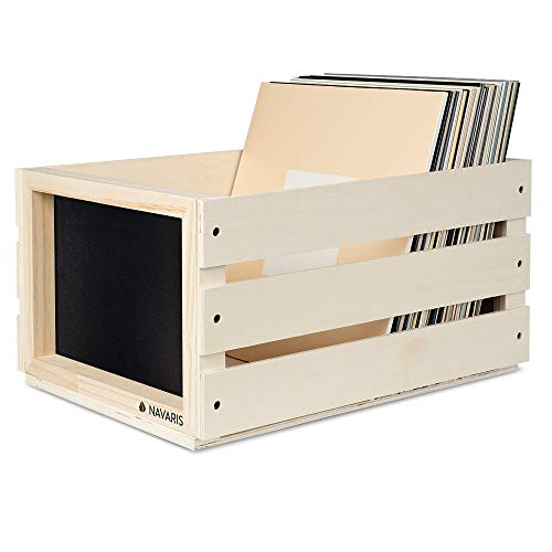 Navaris Holz Schallplatten Kiste mit Kreidetafel - 42,9 x 34,4 x 22,9 cm - für bis zu 80 LP Platten - Vinyl Aufbewahrung Holzkiste - Natur von Navaris