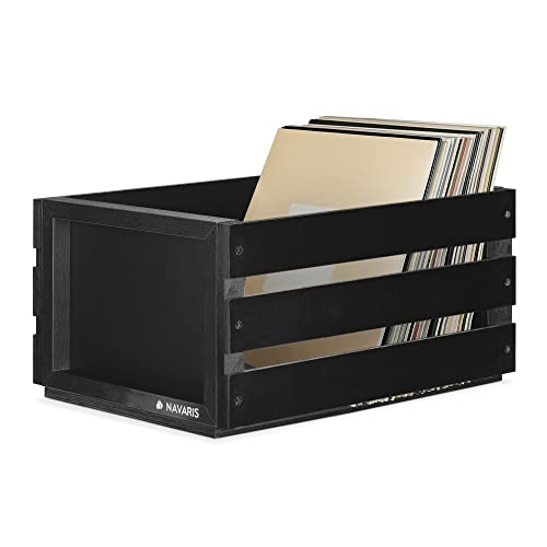 Navaris Holz Schallplatten Kiste mit Kreidetafel - 42,9 x 34,4 x 22,9 cm - für bis zu 80 LP Platten - Vinyl Aufbewahrung Holzkiste - Schwarz von Navaris
