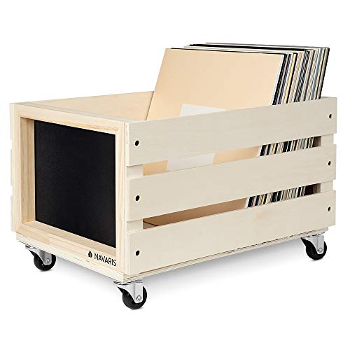 Navaris Holz Schallplatten Kiste mit Kreidetafel - mit Rädern - 42,9 x 34,4 x 28 cm - für bis zu 80 LPs - Vinyl Aufbewahrung Holzkiste - Natur von Navaris