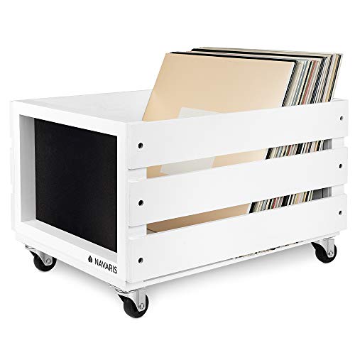 Navaris Holz Schallplatten Kiste mit Kreidetafel - mit Rädern - 42,9 x 34,4 x 28 cm - für bis zu 80 LPs - Vinyl Aufbewahrung Holzkiste - Weiß von Navaris