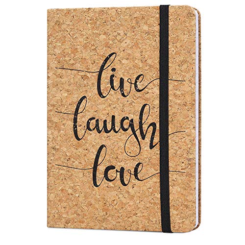Navaris Kork Notizbuch liniert mit Gummiband - 18x13cm Hardcover Notebook Journal 100 Seiten - Bändchen und Fach im Einband - Live Laugh Love Design von Navaris
