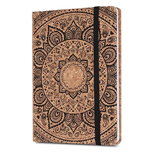 Navaris Kork Notizbuch liniert mit Gummiband - 18x13cm Hardcover Notebook Journal 100 Seiten - mit Bändchen und Fach im Einband - Indian Sun Design von Navaris