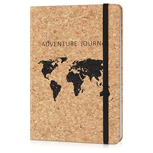 Navaris Kork Notizbuch liniert mit Gummiband - 18x13cm Hardcover Notebook Journal 100 Seiten - mit Bändchen und Fach im Einband - World Map Design von Navaris