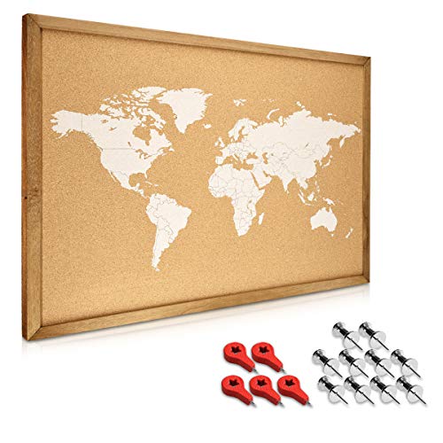Navaris Kork Pinwand Memoboard Tafel - 70x50cm Pin Board Korkwand mit Holz Rahmen Stecknadeln Fahnen Montageset - World Map Pinnwand - Memo Korktafel von Navaris