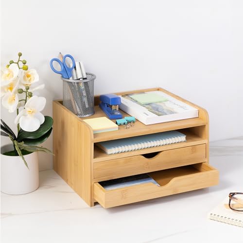 Navaris Schreibtisch Organizer aus Bambus - vormontierter Büro Organizer - Schreibtischablage mit Schubladen - Ordnung und Sauberkeit für deinen Schreibtisch von Navaris