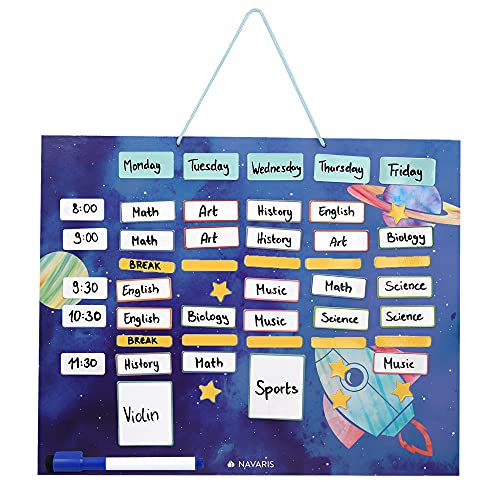 Navaris abwischbarer Wochenplan magnetisch 40 x 32cm - mit 115 Magneten und Stift - Magnettafel Familienplaner Wochenplaner Tafel - Astronautendesign von Navaris