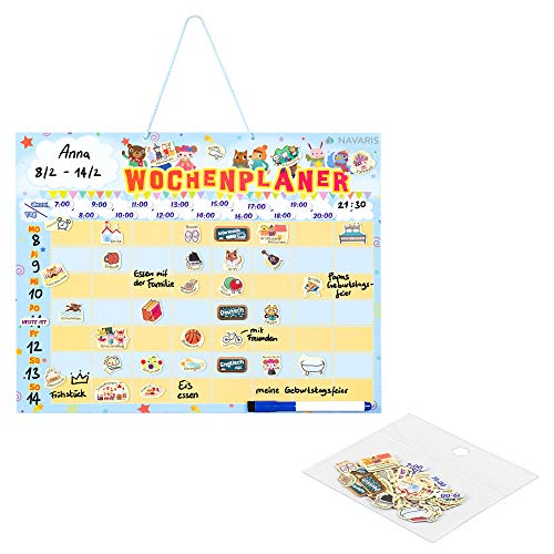 Navaris abwischbarer Wochenplan magnetisch 40 x 32cm - mit 98 Magneten und Stift - individualisierbare Magnettafel Familienplaner Wochenplaner Deutsch von Navaris