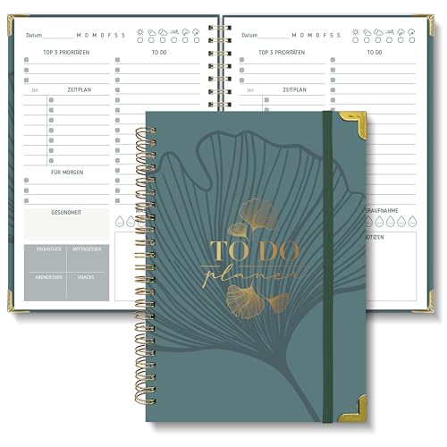 Naviful 2025 Tagesplaner undatiert, Notizbuch mit To Do Liste Terminplaner Spiralblock 120 Seiten/60 Blatt 148x210mm Notizblöcke Hard Cover Tagesplanung, für Büro Schule Organizer (Ginkgo Blatt) von Naviful