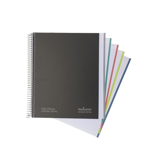 Navigator | Multitheme A4+ | kariert 5x5 | extra fester Einband | Schwarz | 5 Farbrand | 80g | 120 Microperforierte Blätter 4 Bohrungen | Spiralbindung | Premium Writing Papier von Navigator