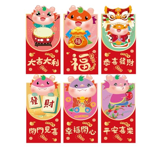 Packung mit 6 Cartoon-Umschlägen für Kinder, chinesisches Neujahr, traditionelles Glück, Geldbeutel, Geldbörse, traditionelle Pakete von Navna