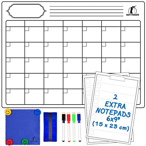 Whiteboard Monatskalender-Set - Magnetischer Monatsplaner 43 x 33 cm + 2 Trocken abwischbare Notepads + 1 Radierer, 1 Wischtuch, 4 Stifte und 4 Magnete - Kühlschrank-Kalender/-Organizer von Navy Penguin