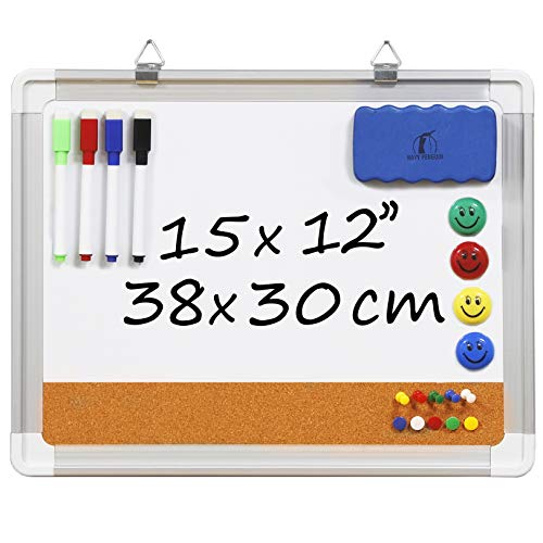 Whiteboard Pinnwand Set - Magnettafel/Korkwand 38x30cm mit 1 magnetischem Schwamm, 4 Stifte, 4 Magnete und 10 Reißnägel - Kleine Kombitafel White Board Korkpinnwand von Navy Penguin