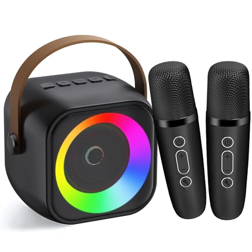 Karaoke-Maschine für Kinder und Erwachsene, tragbares Bluetooth-Mini-Karaoke-Mikrofon, singender Lautsprecher mit 2 kabellosen Mikrofonen und Licht, Spielzeug für alle Smartphones (schwarz) von Nawchedo