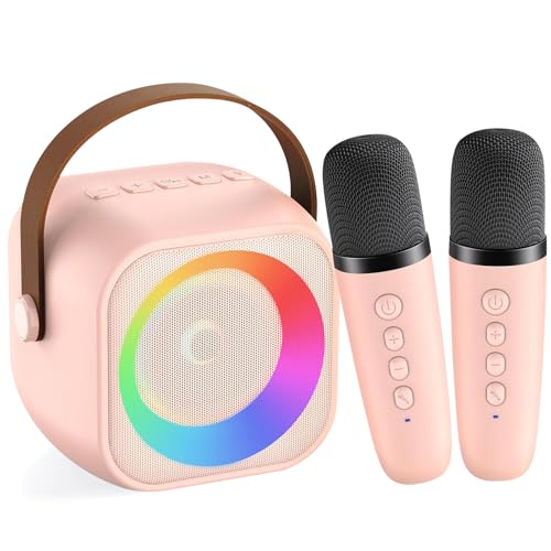 Mini-Karaoke-Maschine für Kinder Erwachsene, tragbarer Bluetooth-Lautsprecher mit 2 kabellosen Mikrofonen, Mikrofon und Lautsprecher-Set mit Disco-Licht für Zuhause, Party, Weihnachten, Rosa von Nawchedo