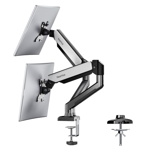 NearHub Monitor Halterung 2 Monitore für 13-32 Zoll Flach/Gebogene Monitore,Schwenkbar 180°&Neigbar +90°/-45°& Drehbar 360°& Höhenverstellbar, VESA 75 & 100 mm, C-Klemme/Tüllenbefestigung,Max10kg von NearHub