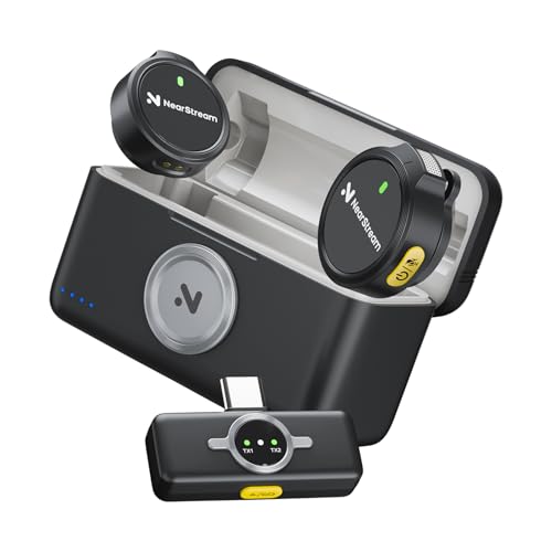 NearStream Lavalier Mikrofon Wireless mit Geräuschunterdrückung,50 m Übertragung, LCD-Display, kompaktes kabelloses Revers Mini Mikrofonsystem für PC/Smartphone/DSLR/Tablet/Podcast/Streaming (AWM25T) von NearStream