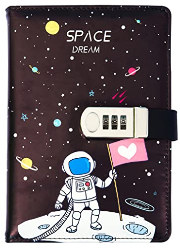 NectaRoy A5 Lockable Diary Travel Journal, PU Leather Space Astronaut Pattern Password Notebook Sketchbook, Office School Supplies Student Stationery Birthday Gift, Pen Holder&Card Slots, 215x145mm von NectaRoy