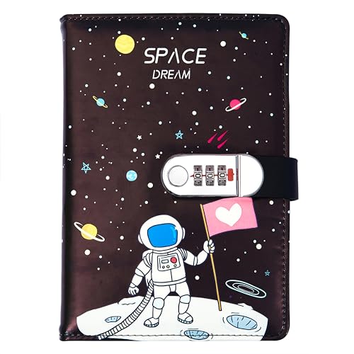 NectaRoy A5 Lockable Diary Travel Journal, PU Leather Space Astronaut Pattern Password Notebook Sketchbook, Office School Supplies Student Stationery Birthday Gift, Pen Holder&Card Slots, 215x145mm von NectaRoy