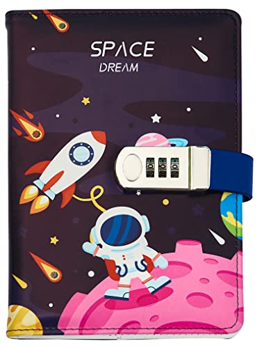 NectaRoy A5 Lockable Diary Travel Journal, PU Leather Space Astronaut Pattern Password Notebook Sketchbook, Office School Supplies Student Stationery Birthday Gift, Pen Holder&Card Slots, 215x145mm von NectaRoy