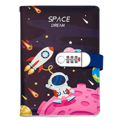 NectaRoy A5 Lockable Diary Travel Journal, PU Leather Space Astronaut Pattern Password Notebook Sketchbook, Office School Supplies Student Stationery Birthday Gift, Pen Holder&Card Slots, 215x145mm von NectaRoy