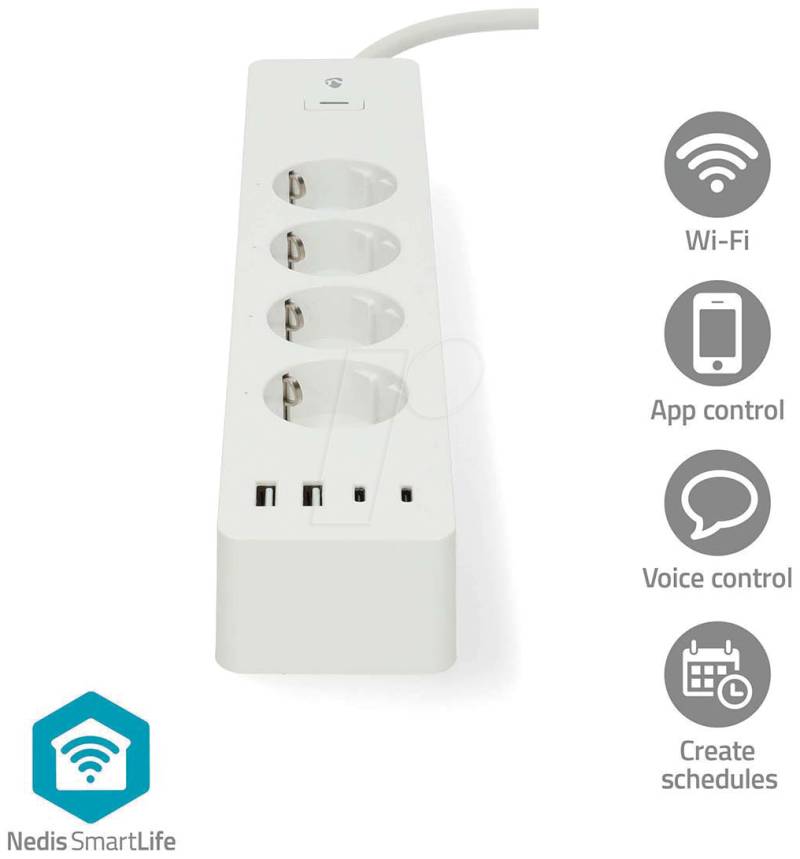 N WIFIP313FWT - Schaltbare WLAN-Steckdosenleiste, 4-fach, 4x USB von Nedis