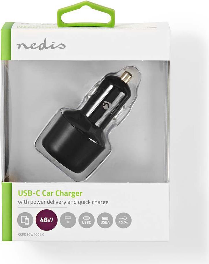 Nedis Auto-Ladegerät 48 W 2x 3.0 A - Anzahl der Ausgänge: 2, Port Type: USB-A / USB-C, Automatische Spannungswahl (CCPD30W100BK) von Nedis