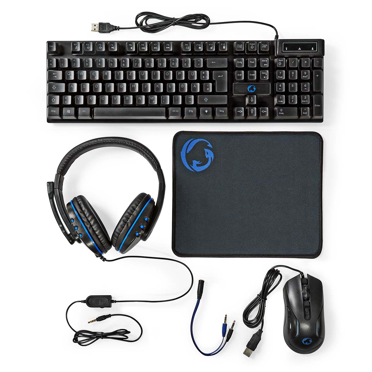 Nedis Gaming 5 in 1 Gaming Combo Kit (US Layout) Kombination aus Tastatur, Maus, Mauspad, Headset und Headset-Konverterkabel von Nedis