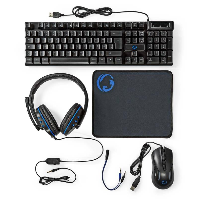 Nedis Gaming 5 in 1 Gaming Combo Kit (US Layout) Kombination aus Tastatur, Maus, Mauspad, Headset und Headset-Konverterkabel von Nedis