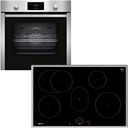 Neff Set BX38I bestehend aus B1CCC0AN0 Einbaubackofen mit CircoTherm, 60 x 60 cm, Edelstahl, N 30 und T58SHF1L0 autarkes Induktionskochfeld, 80 cm, Schwarz, mit Rahmen aufliegend, N 70 von Neff