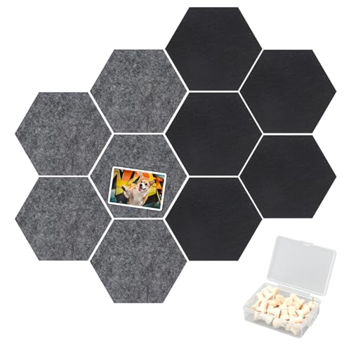 Neikafan 10 Stück Filz Pinnwand Hexagon Pinnwand Filz Schwarz Grau Filztafel Sechseckig Selbstklebend Pinboard mit Pinnnadeln für Foto Hängen,Bulletin Tafeln Schreibtisch Deko Kinderzimmer Büro von Neikafan