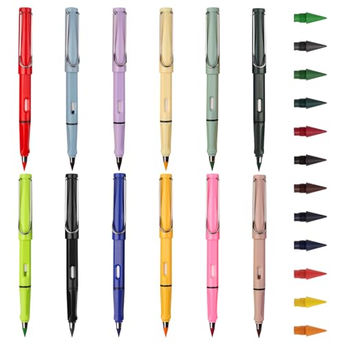 Neikafan Everdraw Bleistift 12 Stück Ewiger Bleistift mit 12 Ersatzspitzen Endlos Bleistift mit Radierer Bleistift Ohne Anspitzen Wiederverwendbar für Erwachsene Studenten Künstler(Bunt) von Neikafan