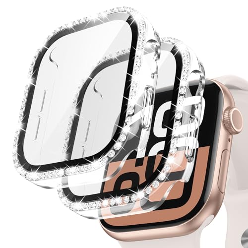 Neitra [2 Stück] Glitzer Diamanten Hülle für Apple Watch Series 10 42mm, Hart PC Bumper Case mit HD Gehärtetes Displayschutz Folie, Bling Schutzhülle Cover Smartwatch Zubehör für Frauen Mädchen von Neitra