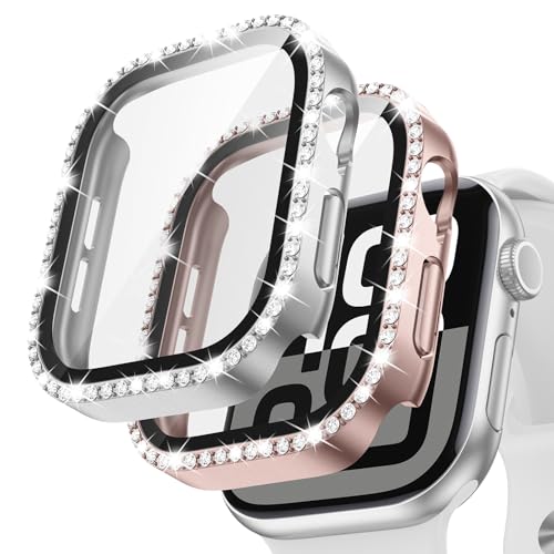 Neitra [2 Stück] Glitzer Diamanten Hülle für Apple Watch Series 10 46mm, Hart PC Bumper Case mit HD Gehärtetes Displayschutz Folie, Bling Schutzhülle Cover Smartwatch Zubehör für Frauen Mädchen von Neitra