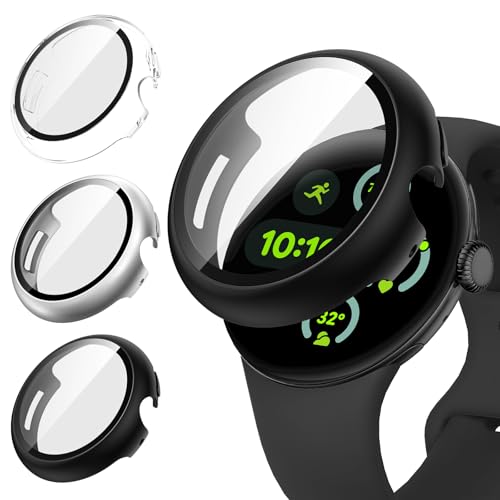 Neitra [3 Stück] Gehäuse für Google Pixel Watch 3 41 mm 2024/Pixel Watch 2/1 41mm, Hart PC Bumper Case Mit HD Gehärtetes Displayschutz Folie, Schutzhülle Cover, Klar+Schwarz+Silber von Neitra