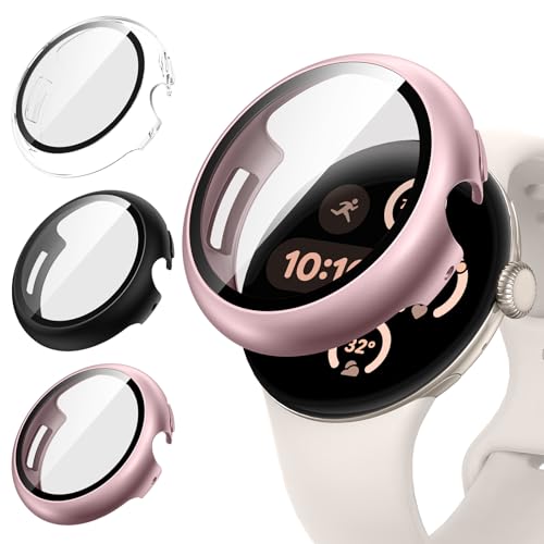 Neitra [3 Stück] Gehäuse für Google Pixel Watch 3 41 mm 2024/Pixel Watch 2/1 41mm, Hart PC Bumper Case mit HD Gehärtetes Displayschutz Folie, Schutzhülle Cover für Pixel Watch, Klar+Schwarz+Roségold von Neitra