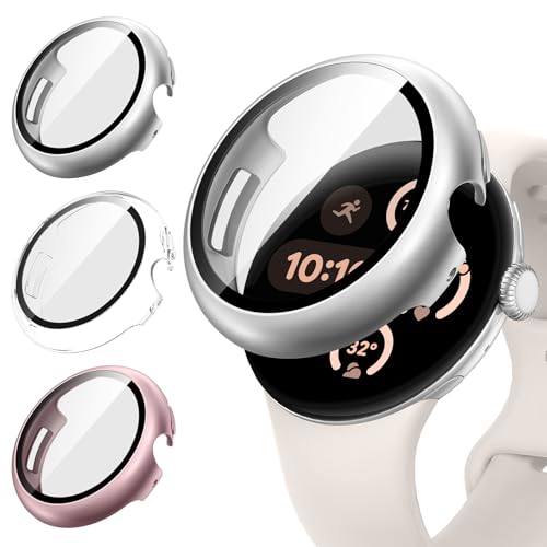 [3 Stück] Neitra Gehäuse für Google Pixel Watch 3 45 mm 2024, Hart PC Bumper Case mit HD Gehärtetes Displayschutz Folie, Schutzhülle Cover für Pixel Watch, Klar+Silber+Roségold von Neitra