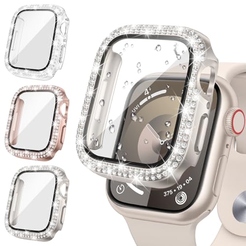 [3Stück] Neitra Glitzer Diamanten Hülle für Apple Watch Series 6 5 4 SE 40mm, Hart PC Bumper Case mit HD Gehärtetes Displayschutz Folie, Bling Schutzhülle Cover Smartwatch Zubehör für Frauen Mädchen von Neitra