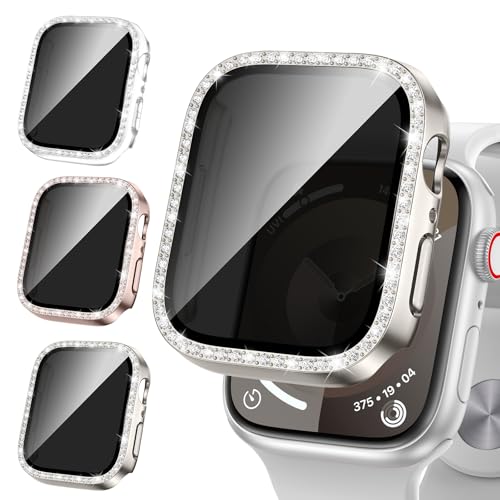 Neitra [3Stück] Glitzer Diamanten Hülle für Apple Watch Series 9 8 7 41mm, Privatsphäre Gehärtetes Glas Anti-Spähen Cover, 3 in 1 Hart PC Bumper Case Bling Gehäuse für Frauen Mädchen von Neitra