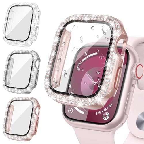 [3Stück] Neitra Glitzer Diamanten Hülle für Apple Watch Series 9 8 7 45mm, Hart PC Bumper Case mit HD Gehärtetes Displayschutz Folie, Bling Schutzhülle Cover Smartwatch Zubehör für Frauen Mädchen von Neitra