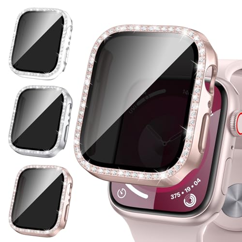 Neitra [3Stück] Glitzer Diamanten Hülle für Apple Watch Series 9 8 7 45mm, Privatsphäre Gehärtetes Glas Anti-Spähen Cover, 3 in 1 Hart PC Bumper Case Bling Gehäuse für Frauen Mädchen von Neitra