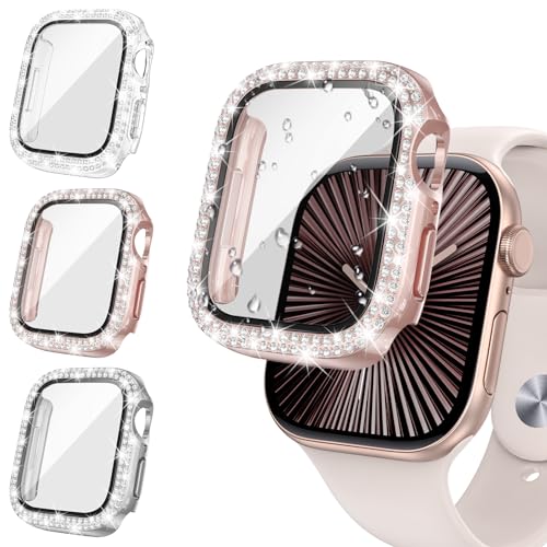 Neitra [3Stück] Glitzer Diamanten Hülle für Apple Watch Series 10 42mm, Hart PC Bumper Case mit HD Gehärtetes Displayschutz Folie, Bling Schutzhülle Cover Smartwatch Zubehör für Frauen Mädchen von Neitra