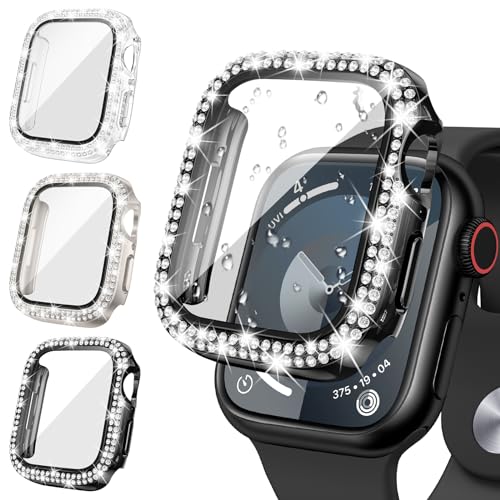 Neitra [3Stück] Glitzer Diamanten Hülle für Apple Watch Series 9 8 7 45mm, Hart PC Bumper Case mit HD Gehärtetes Displayschutz Folie, Bling Schutzhülle Cover Smartwatch Zubehör für Frauen Mädchen von Neitra