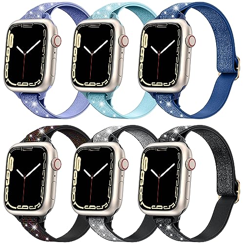 Neitra [6Stück] Schmale dehnbare Armbänd für Apple Watch 38mm 40mm 41mm, weiches einstellbares Nylon Ersatzarmbänd eflochtenes Sport Solo Loop Uhrenarmbänder für iWatch Series 9 8 7 6 5 4 3 2 SE 2023 von Neitra