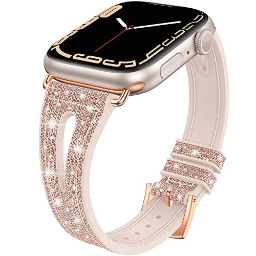 Neitra Glitzer Slim Watch Uhrenarmband für Apple Watch 41mm 40mm 38mm Armband, Weiches Silikon Farbwechsel Ersatzarmbänder für iWatch Series 9 8 7 6 5 4 3 SE 2023(Rosa-Roségold-Gold) von Neitra