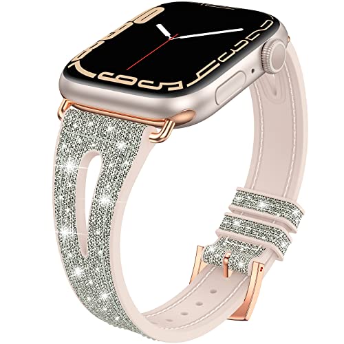 Neitra Glitzer Slim Watch Uhrenarmband für Apple Watch 41mm 40mm 38mm Armband, Weiches Silikon Farbwechsel Ersatzarmbänder für iWatch Series 9 8 7 6 5 4 3 SE 2023(Silber-Weiß-Blassgold) von Neitra