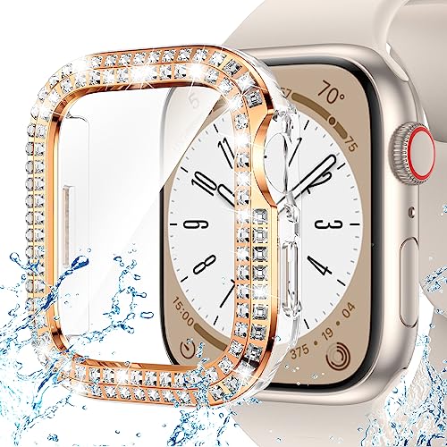 Neitra Wasserdicht Glitzer Hülle für Apple Watch Serie 6/5/4/SE 2023 44mm, Schutzhülle Harter PC Doppelreihe quadratischer Diamant iWatch Gehäuse mit Glas Folie Vollständig Schützen Stoßfänger Cover von Neitra