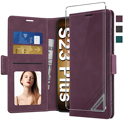 Handyhülle für Samsung Galaxy S23 Plus Hülle Leder [mit Panzerglas Schutzfolie] Flip Wallet Kartenfach Standfunktion Klappbar Case Cover S23 Plus, Stoßfeste Klappbar Schutzhülle S23 Plus 5G (Rotwein) von Neivi