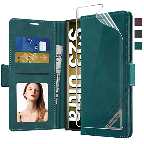 Handyhülle für Samsung Galaxy S23 Ultra Hülle Leder [mit Panzerglas Schutzfolie] Flip Wallet Kartenfach Standfunktion Klappbar Case Cover S23 Ultra,Stoßfeste Klappbar Schutzhülle S23 Ultra (Grün) von Neivi