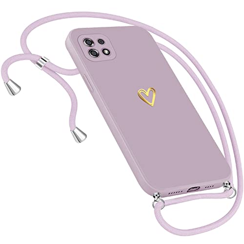 Handykette Hülle für Samsung Galaxy A22 5G Hülle Necklace, Herz Motiv Muster Handyhülle für Samsung Galaxy A22 5G Hülle mit Band Kordel zum Umhängeband Ultradünn Hülle für Samsung A22 5G (Purple) von Neivi