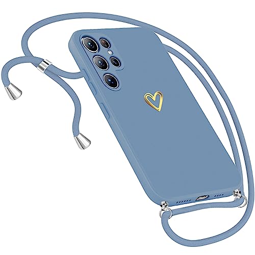 Handykette Hülle für Samsung Galaxy S24 Ultra Hülle Necklace, Herz Motiv Muster Handyhülle für Samsung S24 Ultra Hülle mit Band Kordel zum Umhänge Band Ultradünn Hülle S24 Ultra Handykette (Blau) von Neivi